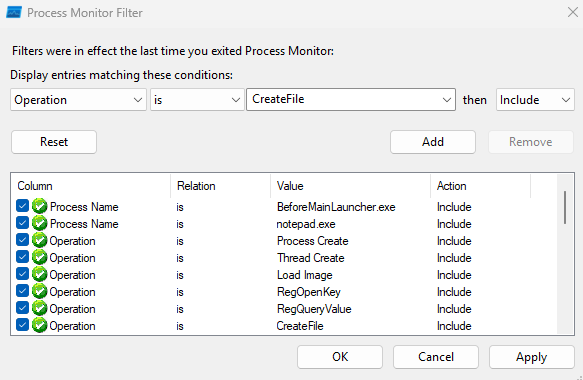 Process Monitor filter configuration