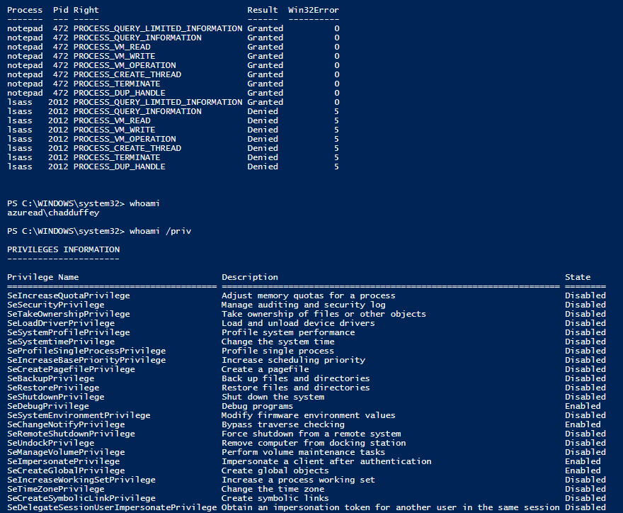 OpenProcess access probe results