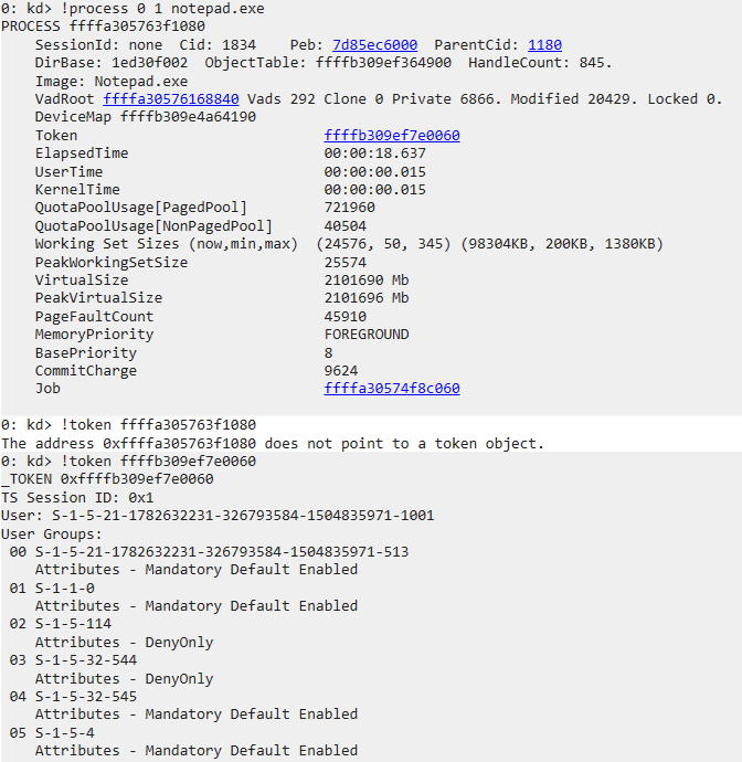 WinDbg !process output showing the token address