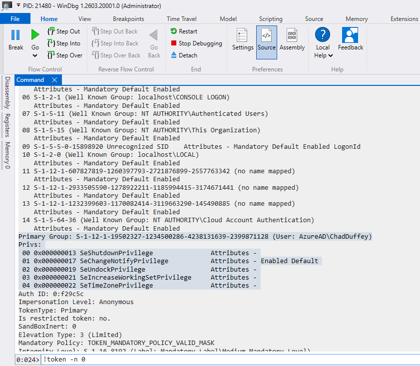WinDbg token output for the current thread